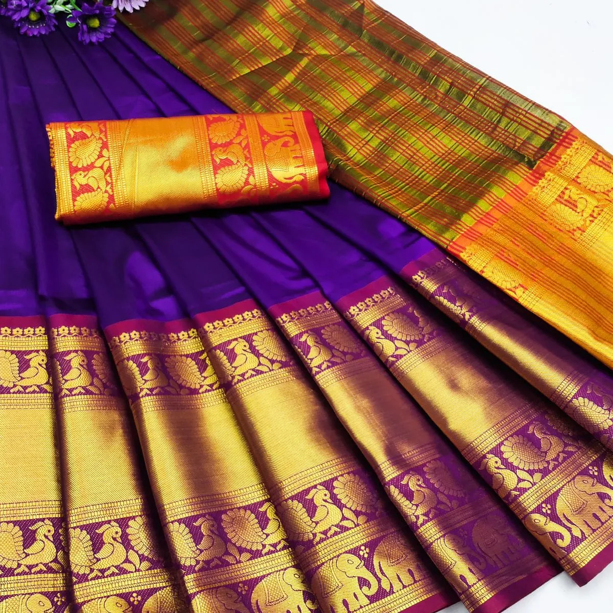 Cotton Silk Saree In Exclusive Border Design With Weaving Contrast Matching Blouse Party Wear Saree Gold Weaving