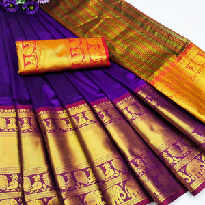 코튼 실크 Saree 독점 테두리 디자인 직조 대비 매칭 블라우스 파티 착용 Saree 골드 직조