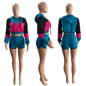 2025 otoño mujer patrón sólido Crop Top Sudadera con capucha pantalones cortos conjunto de Jogger de 2 piezas pantalones cortos a juego con pantalones cortos y Sudadera con capucha - Product Image 6