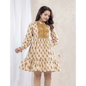 Robe Courte en Coton Imprimé Butti Beige Moutarde, Longueur Genou, Taille Élastique, Style Décontracté, Respirante, Taille Unique XS pour Jours Fériés - Product Image 4