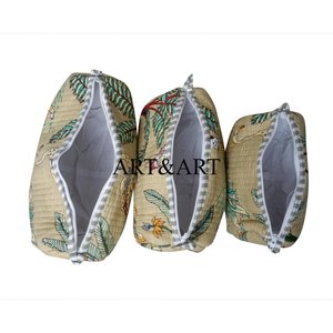 Meilleure collection de trousses à fermeture éclair matelassées écologiques avec pompon, ensemble élégant à imprimé floral en coton, grande capacité, résistant à l'eau - Product Image 4