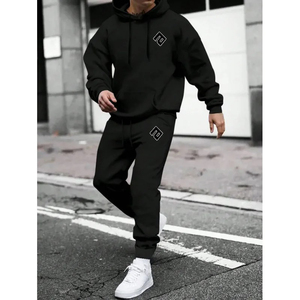 Conjunto de Dos Piezas de Sudadera con Capucha y Pantalones de Forro Polar con Logotipo Frontal Sólido para Hombre, 100% Algodón, Transpirable, de Secado Rápido, de Alta Calidad - Product Image 3