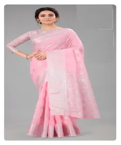 Nuovo Designer esclusivo Sari in morbida seta di lino con Chit Pallu e bordo intrecciato con camicetta in seta broccato miglior prezzo Sari