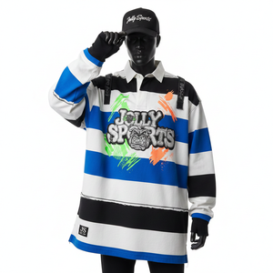 Camiseta de Rugby para Hombre de Alta Calidad, Mezcla de Algodón y Poliéster de 280 GSM, Paneles a Rayas Blancas y Azul Intenso, Diseño de Logotipo Personalizado, Ropa Casual - Product Image 1