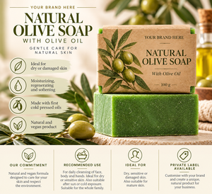 Saponetta Naturale all'Olio d'Oliva OEM 100g |   Oli Naturali Vegani Prima Spremitura a Freddo per Idratazione e Ammorbidimento della Pelle Secca |   Sapone a Marchio Privato - Product Image 3