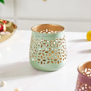 Set of 2 Etching Design Enamel Color Round Shape Metal <b>Tea</b> Light <b>Candle</b> Votive for Home & Wedding Tabletop Decorations - Product Image 2