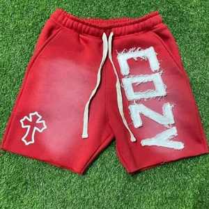 Pantalones cortos de sudor de lana de algodón 100% para hombre, personalizados, desteñidos al sol, sólidos, cómodos, con cintura elástica, cordón, estilo callejero - Product Image 1