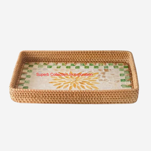 Plateau de service en rotin naturel créatif avec poignées Plateau de service en osier décoratif rectangulaire Plateau décoratif écologique pour la maison - Product Image 3