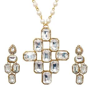 Kriaa 18K Gold Rhodium Plated Necklace <b>Set</b> with White Glass Zircon <b>Pearl</b> Diamond Stones Made of Copper-for Gifts 1106401B - Product Image 1