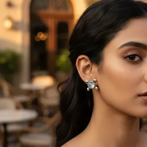 925 <b>Silver</b> <b>Stud</b> Earrings with Pear Cut Moonstone and Pearl Trendy Geometric Design for Wedding or Engagement - Product Image 1