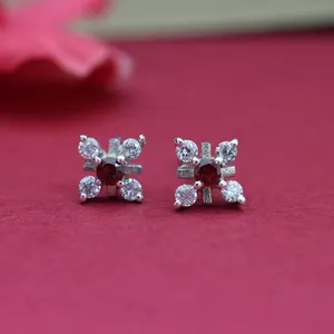 925 Silver Stud <b>Earrings</b> <b>Garnet</b> Center Round Brilliant Cut Diamonds Flower Shape Classic Women's Jewelry Everyday Wear - Product Image 1