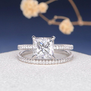 Princesse coupe 1.50 ct Moissanite diamant bague de mariée ensemble pour les femmes en or blanc bague de fiançailles ensemble bijoux éthiques - Product Image 1