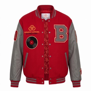 Embroidered Varsity Jacket Drop Shoulder Scarlet Grey Chenille <b>Vinyl</b> Record Patch Leather Sleeve Custom Letterman - Product Image 1