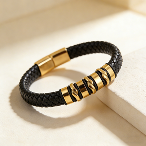 Nouveau <span class=keywords><strong>Bracelet</strong></span> Tressé <span class=keywords><strong>en</strong></span> <span class=keywords><strong>Cuir</strong></span> Véritable de <span class=keywords><strong>Luxe</strong></span> pour Hommes, Motif Géométrique, avec Breloque <span class=keywords><strong>en</strong></span> Acier Inoxydable Doré de Haute Qualité, Idéal comme Cadeau - Product Image 1