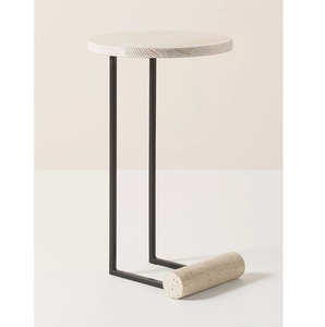 Base en bois de luxe Table d'appoint en travertin Design nervuré unique Plateau en pierre naturelle avec piédestal en bois Table d'appoint élégante - Product Image 4