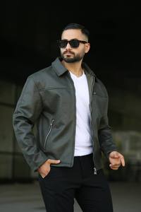 Manteau d'hiver imperméable à manches longues avec fermeture éclair kaki pour homme Col en velours côtelé Streetwear Veste en duvet d'oie grise Tissu chaud - Product Image 2