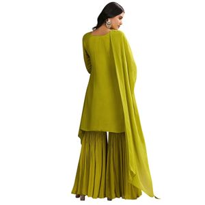 Chinon verde Kurta Sharara asimmetrico con Dupatta unico Designer etnico vestito per matrimoni - Product Image 3