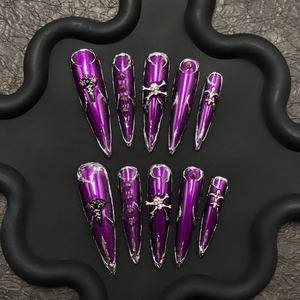 Set di chiodi da bara lunghi di lusso stile francese viola Chic Aura pressing-On unghie finte con colla riutilizzabile per l'applicazione delle dita - Product Image 3