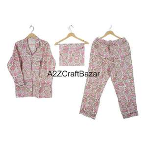 Conjunto de Pijama de Verano para Mujer, Hecho a Mano, 100% Algodón Puro, Elegante Estampado Floral, Traje de Dormir de Algodón Indio - Product Image 1