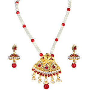 Kriaa Fine <b>Jewelry</b> <b>Set</b> Maroon Stone and Kundan Gold Plated Copper for Wedding or Gift Featuring <b>Pearl</b> and Diamond - Product Image 1