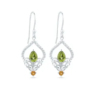 Customize Women Wedding Bridal Jewelry Natural Peridot And Citrine Gemstone Solid 925 Sterling Silver Fashion Earrings Accessory