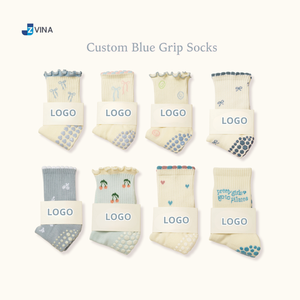 Chaussettes de Pilates antidérapantes en coton personnalisées, bleu pastel clair, vert, rouge, rose, marron, motif floral mignon, pour bébé, femme, vente en gros - Product Image 1