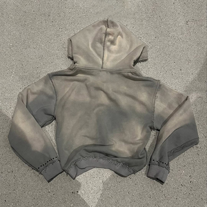 Sweat à capuche surdimensionné en éponge pour hommes, poids lourd 500gsm, délavé à l'acide, double fermeture à glissière, strass, vêtements de rue brodés en détresse - Product Image 3