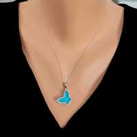 Collier Papillon en Argent Sterling 925 avec Pierre Turquoise Sertie en Bezel, Plaqué Rhodium Or Rose, Incrustation de Diamants, Style Tendance Blanc