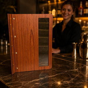 Porte-menu en bois en gros avec pages rechargeables pour restaurants et cafés, porte-menu en bois avec fenêtre en verre, marron - Product Image 4