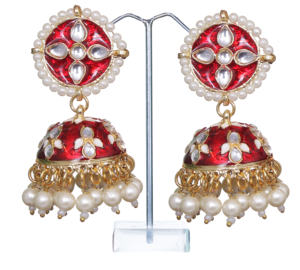 Pendientes Jhumka Tradicionales de Fusión Étnica con Cuentas de Cristal y Pedrería, Chapados en Cobre Antiguo, con Forma de Flor y Base de Aleación Resistente - Product Image 2