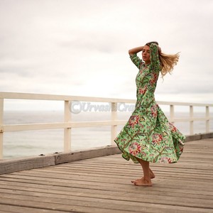 Robe de plage décontractée de haute qualité 100% coton robes imprimées d'oiseaux et de fleurs robe Maxi Vintage Midi - Product Image 2