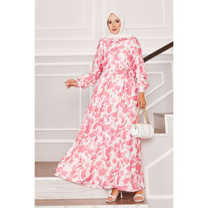 Robe florale rose avec col à nouer sur le côté, taille élastique, en viscose respirante, style décontracté et élégant, tailles XS-XL, idéale pour les occasions de remise de diplôme et autres occasions de jour. - Product Image 3
