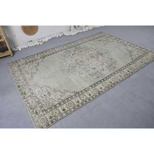 Alfombra turca Vintage de 5,3x8,4 pies, diseño de retales de lana verde y Beige, látex para el hogar, sala de estar, pasillo Rectangular, Tabriz - Product Image 2