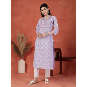 Kurta Recta con Estampado Floral y Bordado para Mujer, Cuello en V, Transpirable, de Algodón Puro, Elegante, Largo hasta la Rodilla, Talla 5XL, Suministro ODM - Product Image 4