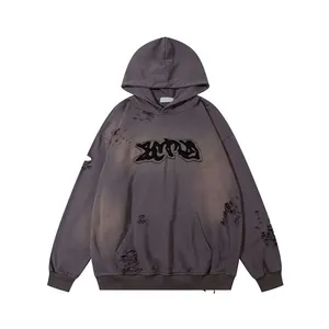 2024 Venta caliente sudaderas con capucha bordadas desgastadas para hombres Estilo único Ropa de moda Sudaderas con capucha de lavado ácido de gran tamaño - Product Image 1