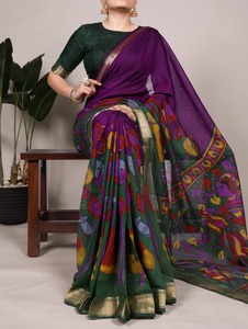 Designer Polyester Viscose Chanderi Avec Floral Imprimé Et Zari Tissage Travail Saree Femme Mode À Pas Cher Rtae - Product Image 3