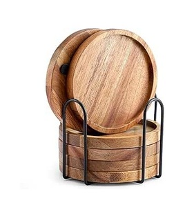 Posavasos Redondo Minimalista de Madera con Soporte Metálico para Mesa de Hogar, Hotel u Oficina, para Servir Té y Café - Product Image 1