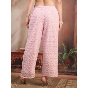 Pantalon palazzo décontracté en coton pour femme, bleu turquoise, coupe évasée, taille haute, respirant, avec motif floral - Product Image 3