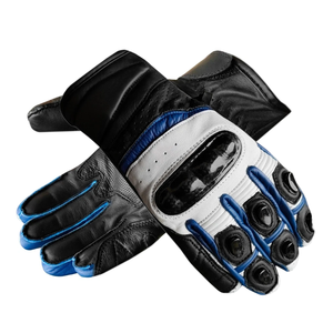 Unisex Genuine Cowhide Leather Motorbike Riding Gloves Blue/Black Armoured Knuckle Printed Custom for Auto Racing Winter - Product Image 1