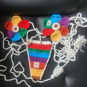 ACKI Custom Women's Sexy Flower Crochet Bikini Embroidery Lace up <b>Bra</b> Breathable Swimsuit - Product Image 3