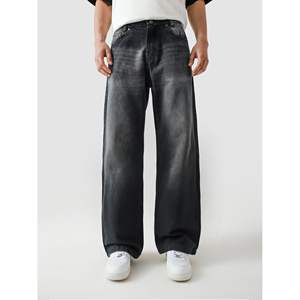 กางเกงทรงตรงขากว้างสไตล์ฮิปฮอปวินเทจ ผ้ายีนส์สีเข้มฟอกหิน ตกแต่งด้วยงานปัก - Product Image 2