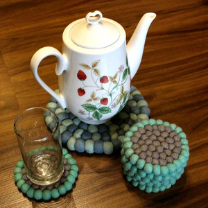 "Set of One 17 cm Felt Ball Trivet and Six 10 cm Felt Ball <b>Coaster</b>"-Handmade Natural Wool <b>Coaster</b> Set Soft Felt <b>Coaster</b> Set - Product Image 4
