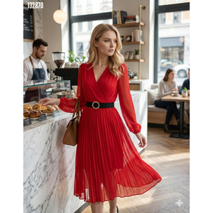 Women's <b>Chiffon</b> Fabric Lined Flared <b>Wrap</b> Neck Midi <b>Dress</b>, 38253 - Red - Product Image 1