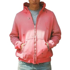 Custom <b>Top</b> Quality Solid Colors Men Cropped Zipper Hoodie Heavyweight Acid Wash Sun Faded <b>Distressed</b> Pullover Sweatshirt Winter - Product Image 1