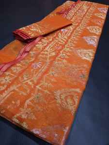 Tendance Orange Deshi Dhakai Jamdani Orange Sharee Qualité d'exportation pour les femmes JAMDANI TISSU Bleu ROUGE VERT Doré du Bangladesh - Product Image 3