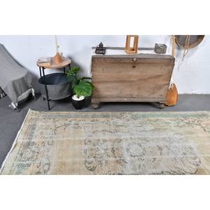Alfombra turca vintage de 4,8x8,5 pies, forro de látex de lana verde Beige, estilo Tabriz, patrón de retazos abstracto para pasillo de entrada, 9x12" - Product Image 2