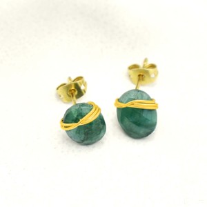 Handmade Dyed Emerald Wire-Wrapped Oval <b>Stud</b> Earrings 8-10mm Brass & <b>Silver</b> Gemstone Jewelry Gift - Product Image 3