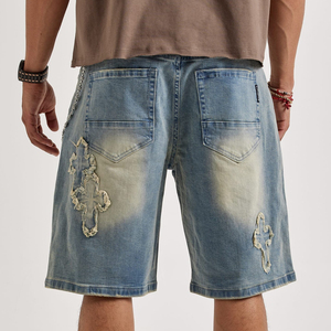 Shorts en denim uni 100% coton délavé bleu délavé unisexe avec applique personnalisée pour homme - Product Image 3