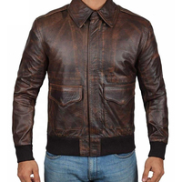 Blouson aviateur en cuir véritable fait main pour homme, personnalisé, de haute qualité, en toile cirée marron foncé, avec col montant et logo sur le devant