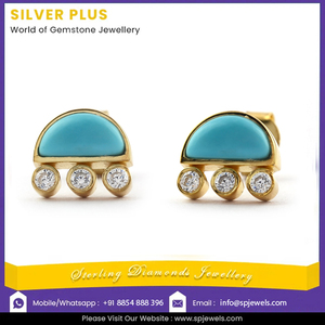 Pendientes minimalistas de diamantes de oro de 14 quilates inspirados en la joyería de tuerca de turquesa natural Cloud & Raindrop disponible en 10K/18K - Product Image 2